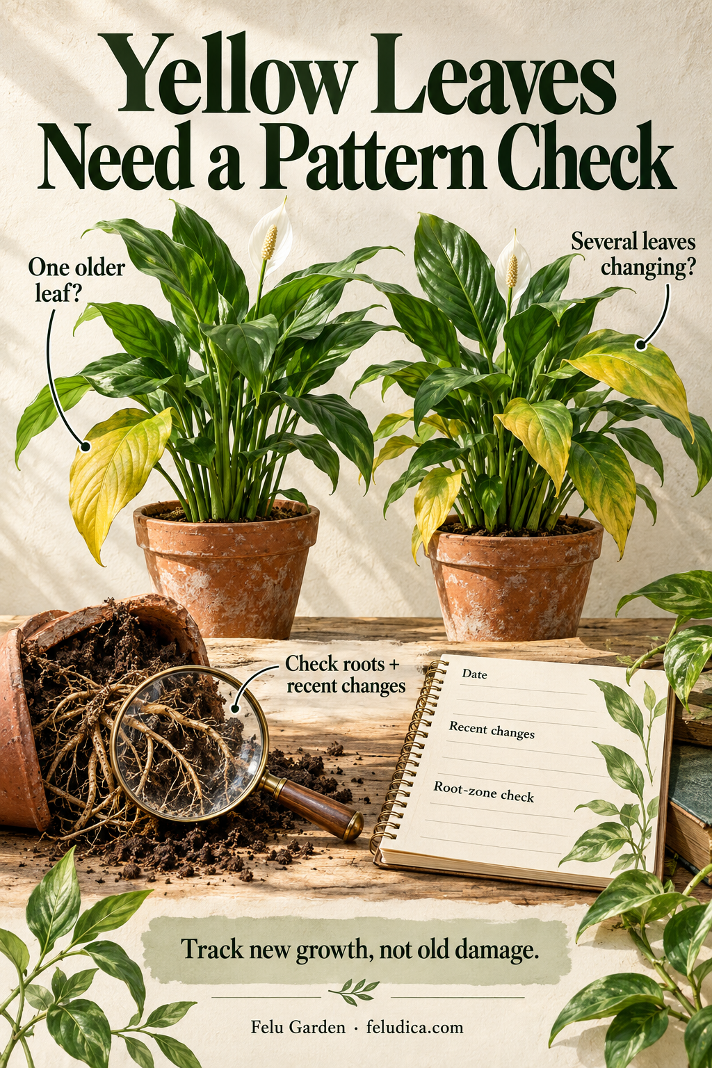 Two botanical plant studies compare one older yellow leaf with several changing leaves, beside an observation notebook and exposed-root detail.