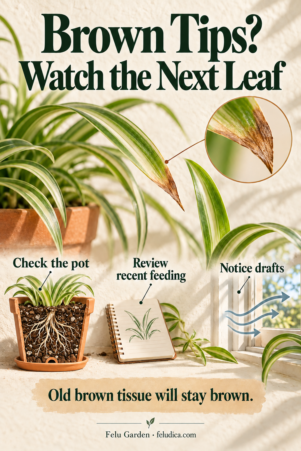A close botanical study of a brown-tipped houseplant leaf beside an intact new leaf, with pot, feeding and draft checks.