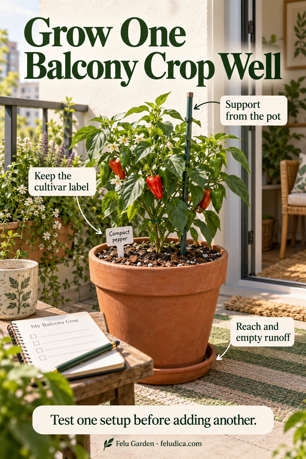 One compact pepper in a supported balcony container with a removable runoff tray, cultivar tag and reachable care space.