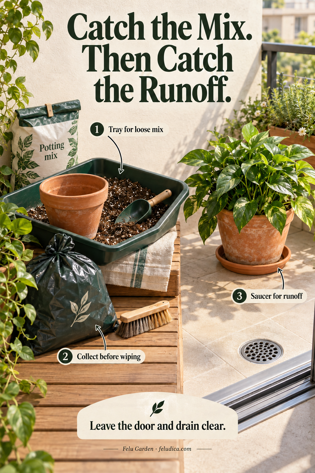 A balcony repotting tray contains loose mix beside a separate planted pot with a removable saucer and a clear floor drain.