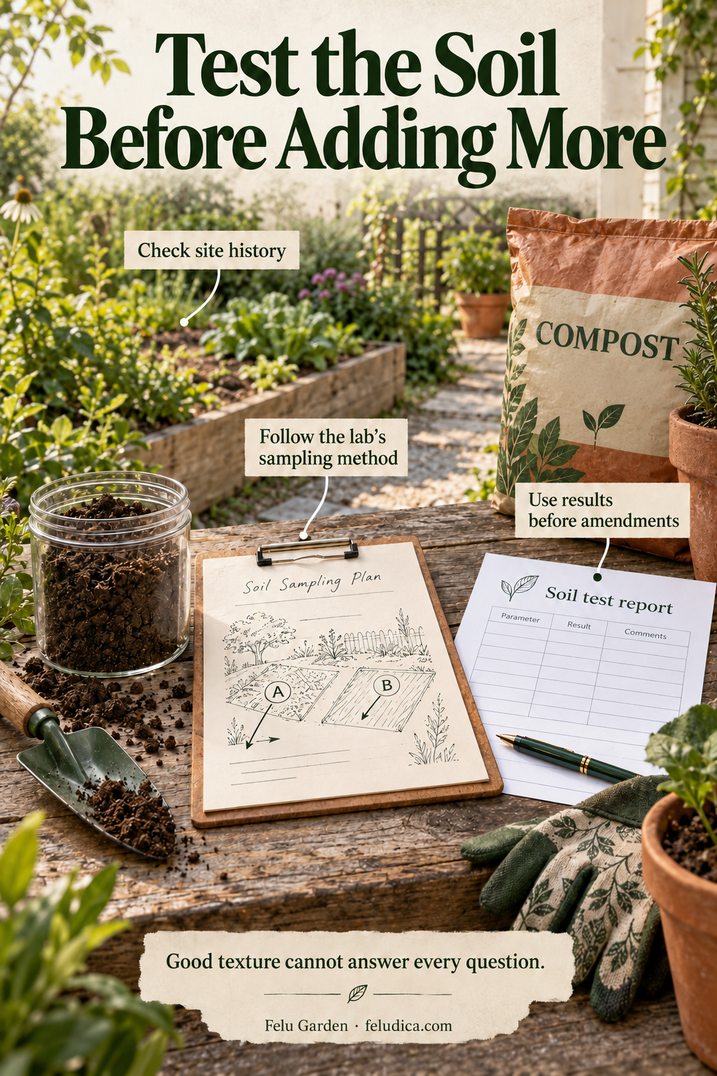 A garden soil sample beside a sampling sketch and laboratory report, with a closed amendment bag waiting off to the side.