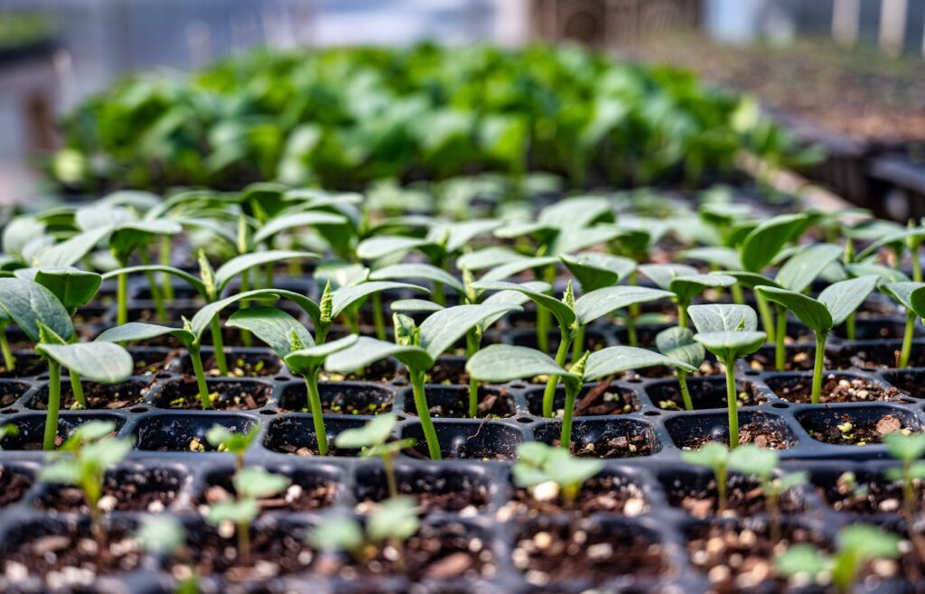 Green seedlings growing in a black seed tray with soil