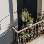 Small balcony garden with many potted plants behind a metal railing