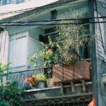 Apartment balcony with potted plants along the railing