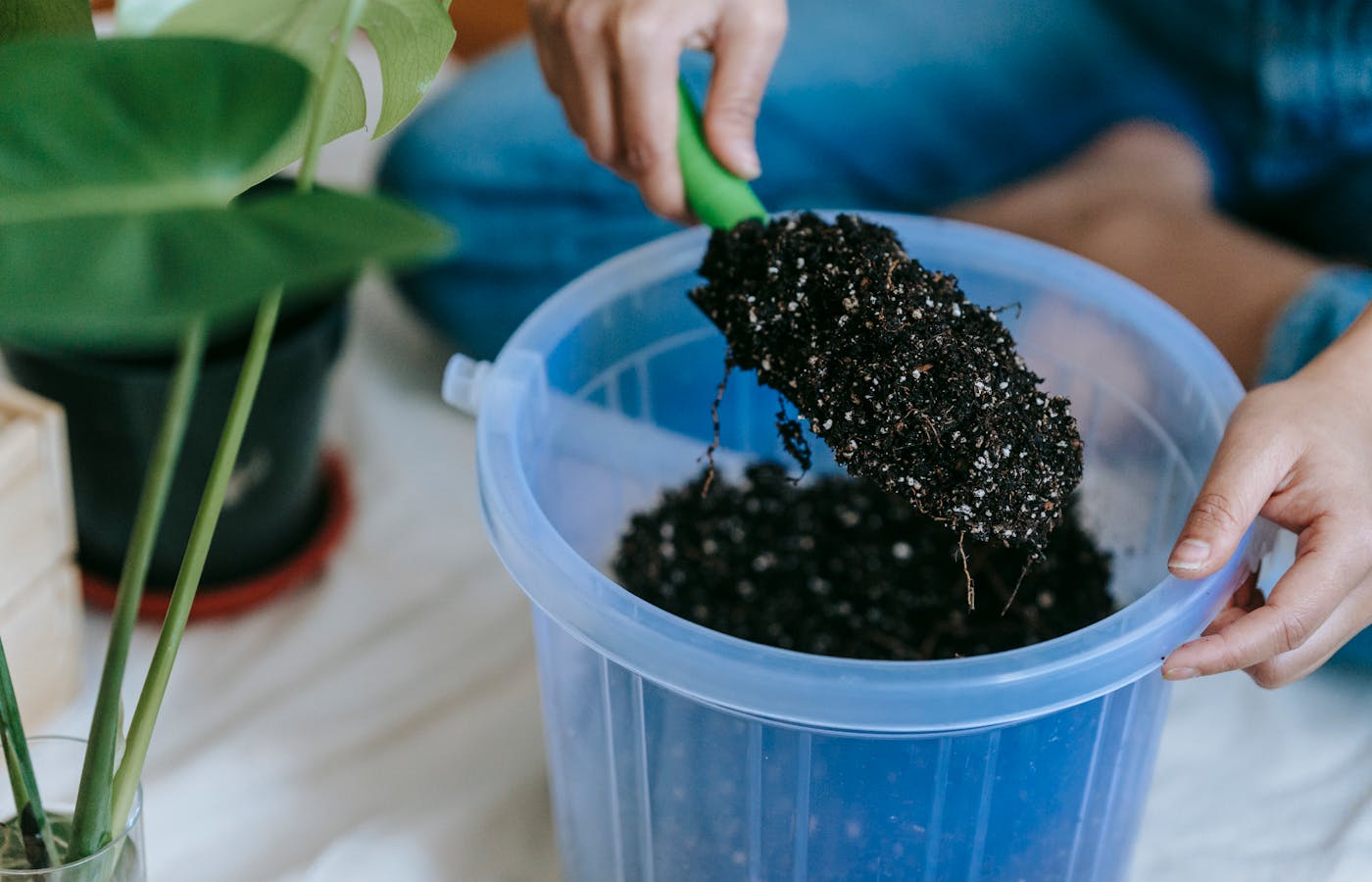 Hand trowel lifting potting soil from a container